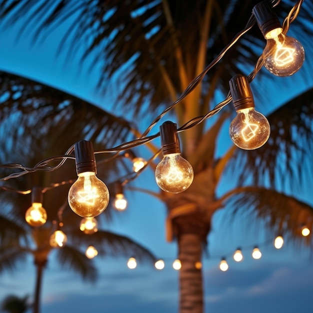 Foto eine reihe von glühbirnenkränzen, die zwischen zwei palmen an einem strand hängen
