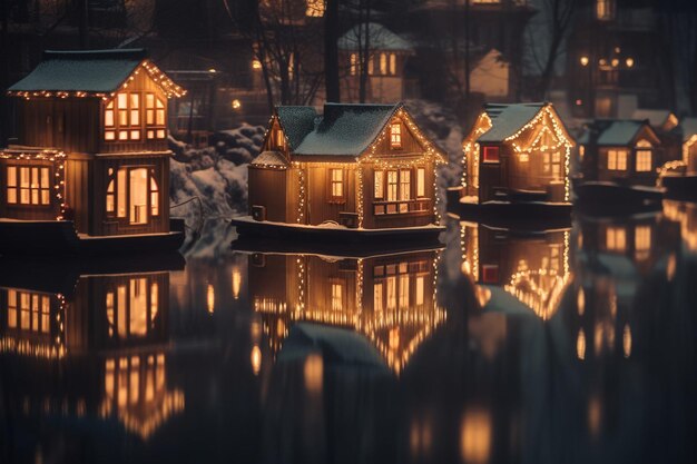 Eine Reihe von Häusern mit Weihnachtsbeleuchtung auf dem Wasser