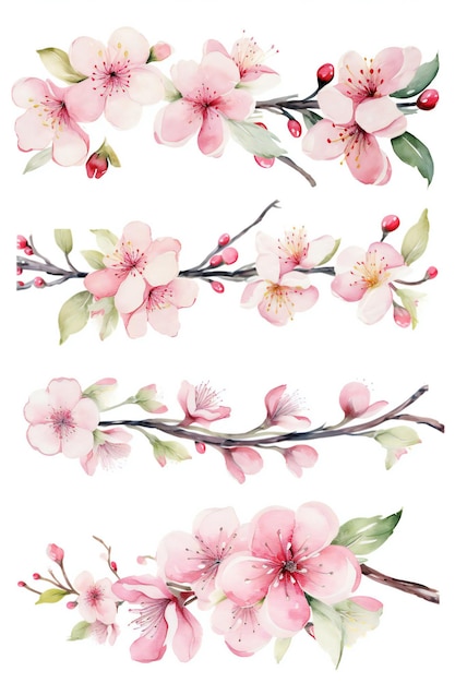 Eine Reihe von handgezeichneten Aquarell-Kirschblüten.