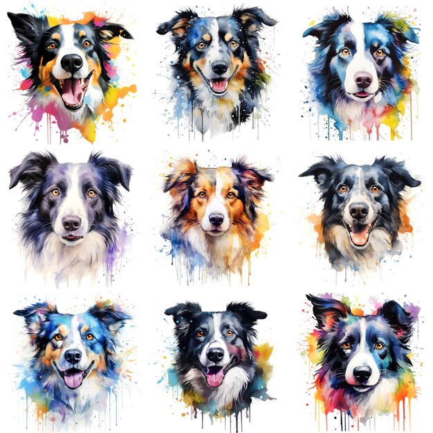 Eine Reihe von Hunden der Rasse Border Collie, die auf realistische Weise in Aquarell auf weißem Hintergrund gemalt sind