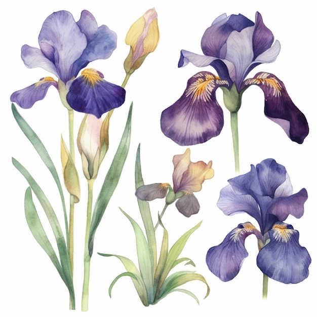 Eine Reihe von Irisblumen, Aquarellmalerei, handgezeichnet