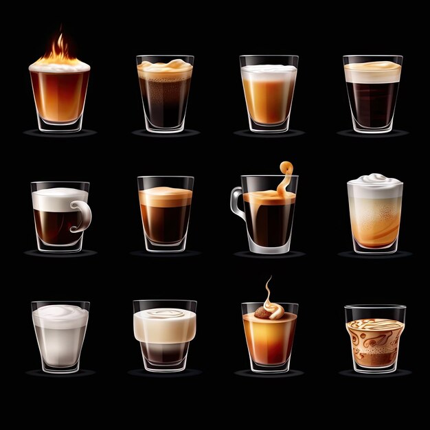 eine Reihe von Kaffeesymbolen aus verschiedenen Glastassen