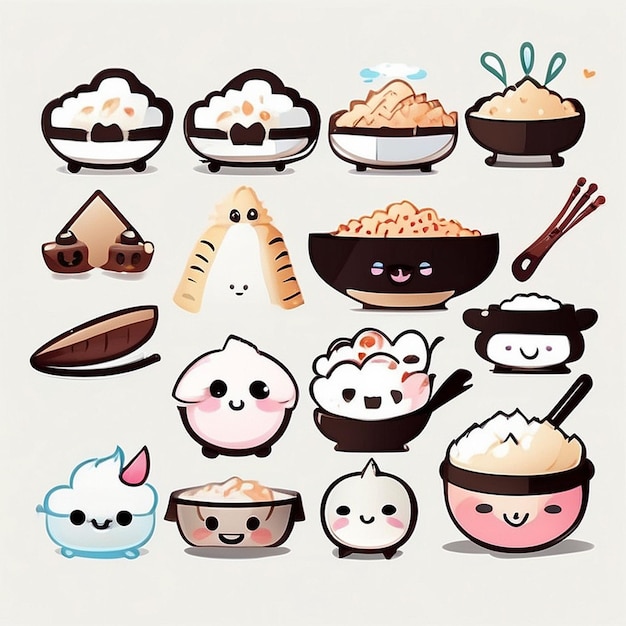 Eine Reihe von Kawaii-Reis-Designs, die von der KI generiert wurden