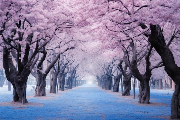 Eine Reihe von Kirschbäumen mit blauem Hintergrund.