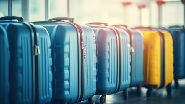 Eine Reihe von Koffern ist in einem Flughafen angeordnet.