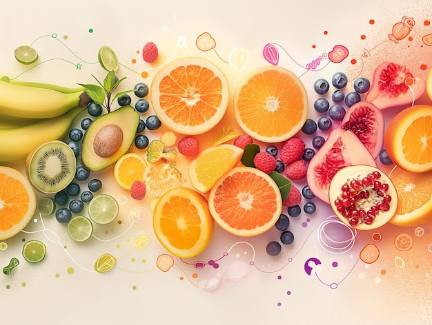 Eine Reihe von lebendigen frischen Früchten mit künstlerischen Spritzen und skurrilen Linien auf einem hellen Hintergrund