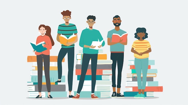 eine Reihe von Menschen mit Büchern in einer Reihe