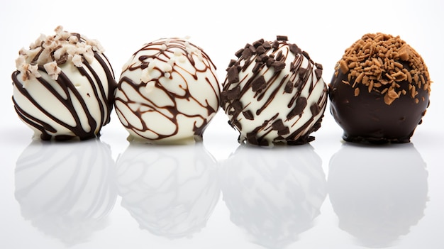Eine Reihe von mit Schokolade überzogenen Desserts auf einer weißen Oberfläche