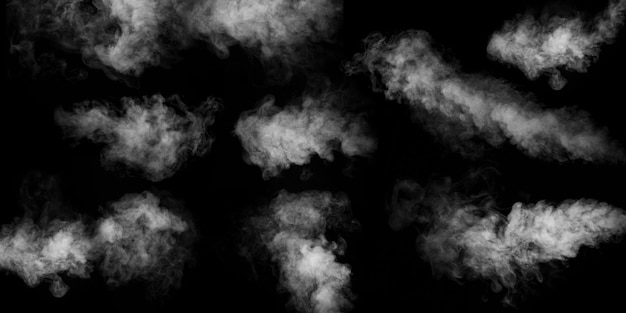 Eine Reihe von neun verschiedenen Arten von wirbelndem, sich windendem Rauchdampf, die auf einem schwarzen Hintergrund isoliert sind, um sie auf Ihren Fotos zu überlagern. Horizontaler und vertikaler Dampf Abstrakter rauchiger Hintergrund