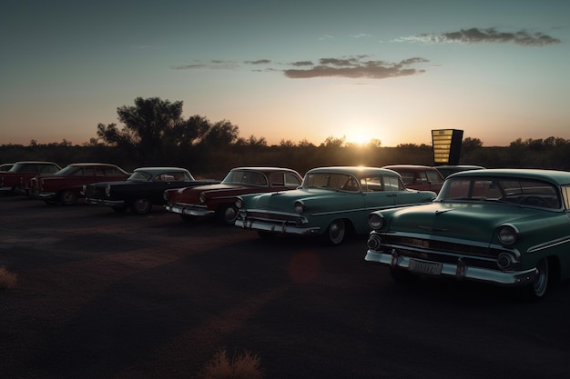 Eine Reihe von Oldtimern parkt bei Sonnenuntergang auf einem Parkplatz.