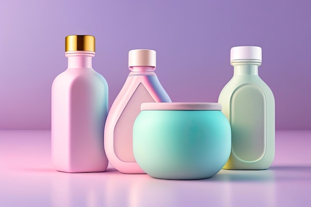 Eine Reihe von pastellfarbenen Hautpflegetöpfen und -flaschen
