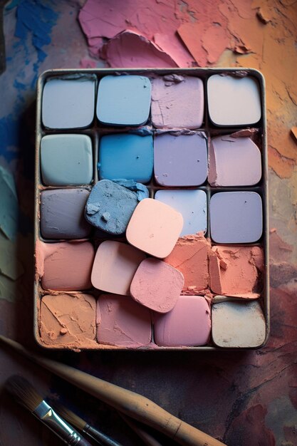 Foto eine reihe von pastellkreiden auf der palette eines malers unter weichem licht