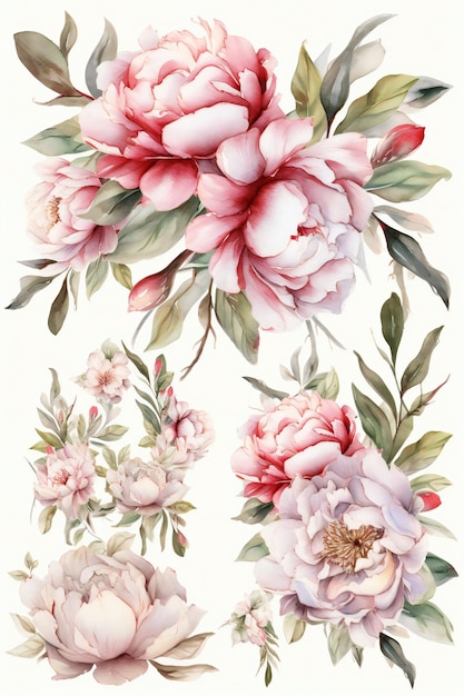 Eine Reihe von Pfingstrosen mit einem rosa und weißen Hintergrund.