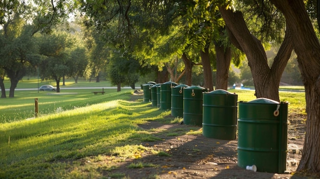 Eine Reihe von Regenfässen säumen den Umkreis eines Parks, die Wasser sammeln und speichern, um es wiederzuverwenden.