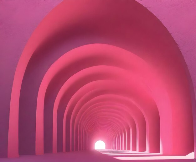 Eine Reihe von rosa Bögen bildet einen langen Tunnel mit einem hellen Licht am fernen Ende