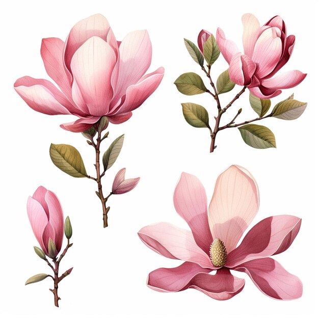 Eine Reihe von rosafarbenen Magnolienblüten auf weißem Hintergrund.