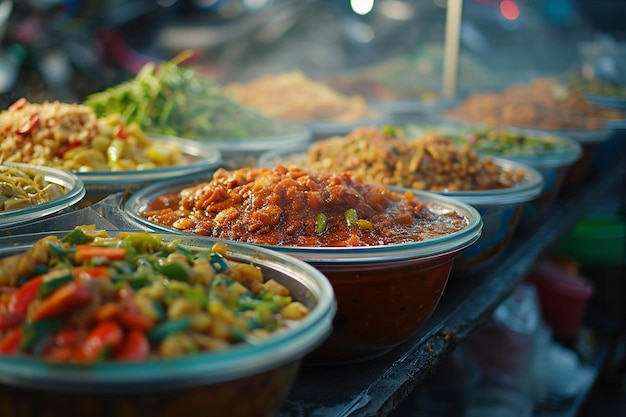 eine Reihe von Schüsseln, die mit Essen gefüllt sind und auf einem Tisch sitzen