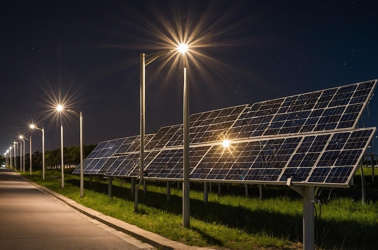 Foto eine reihe von solaranlagen steht auf einer straße in einer reihe