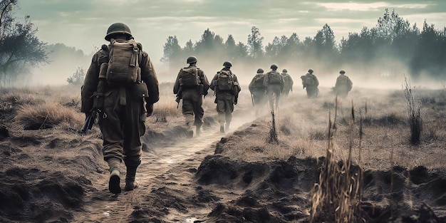 Eine Reihe von Soldaten, die auf einem Schlachtfeld laufen
