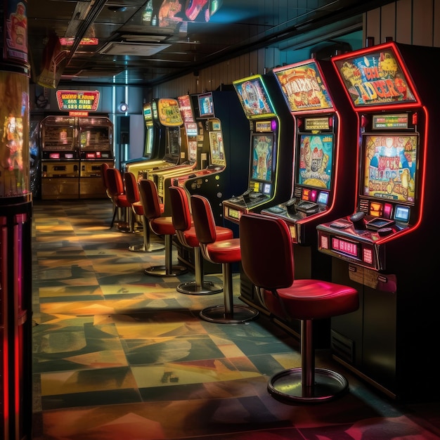 Eine Reihe von Spielautomaten im Casino des Kreuzfahrtschiffes Norwegian Gem erwarten ihre Benutzer Generative Ai