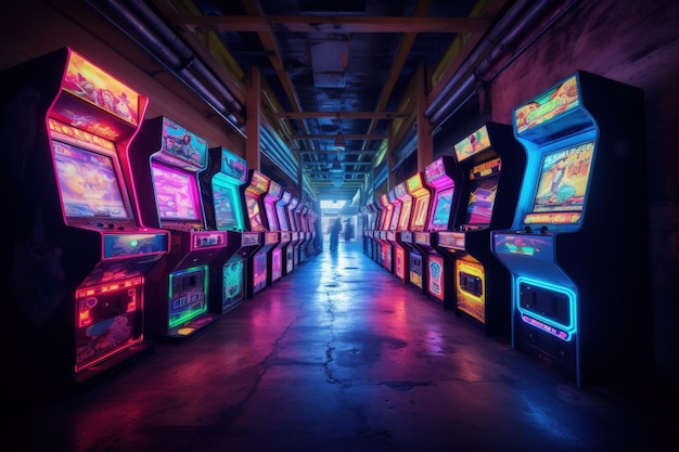 Eine Reihe von Spielautomaten in einem dunklen Raum