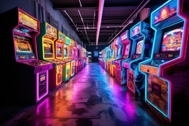 Eine Reihe von Spielautomaten mit Neonlichtern