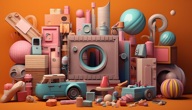 Eine Reihe von Spielzeugen und Gegenständen, die im Stil des Grafikdesigns im Hintergrund sitzen, inspirieren