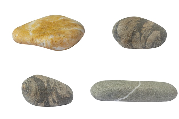 Eine Reihe von Steinen isoliert auf weißem Hintergrund. Meer Kieselsteine. Foto in hoher Qualität