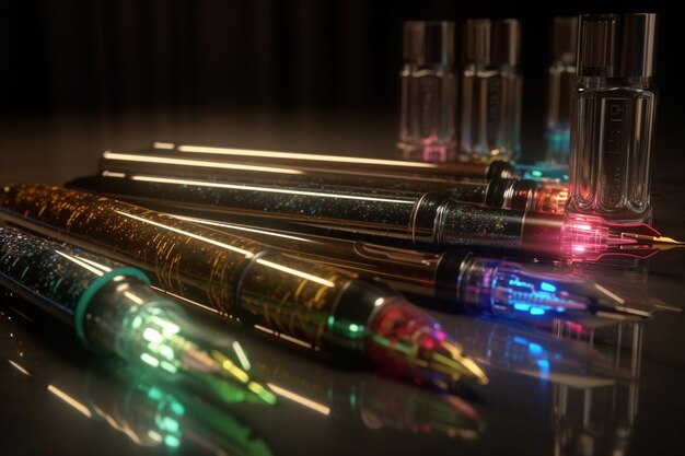 Eine Reihe von Stiften mit verschiedenfarbigen Lichtern darauf