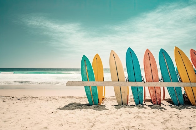 Eine Reihe von Surfbrettern, die auf einem Sandstrand sitzen