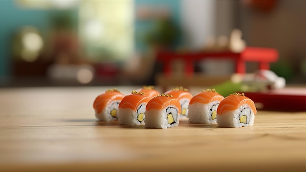 Eine Reihe von Sushi-Rollen auf einem Tisch