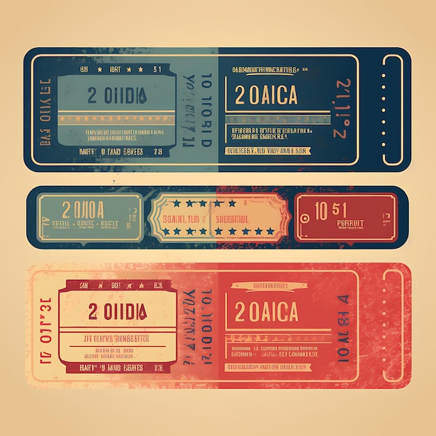 Eine Reihe von Tickets im 2D-Design mit Rahmen im Vintage-Stil, Vektor-kreative flache Farbetikettenverpackung