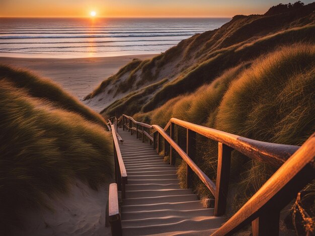 Foto eine reihe von treppen, die zum strand führen, die einen strand bei sonnenuntergang zeigt, einen wunderschönen romantischen sonnenuntergänge