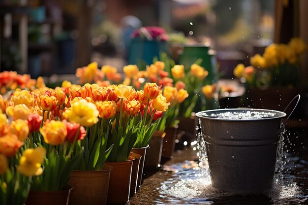 Foto eine reihe von tulpen mit einem eimer wasser darin