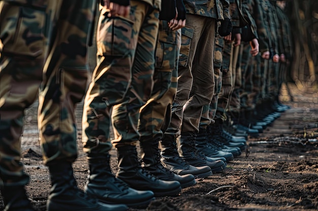 Eine Reihe von uniformierten Soldaten, die aufmerksam stehen und militärische Disziplin und Einheit zeigen, mit Schwerpunkt auf ihren Tarnuniformen