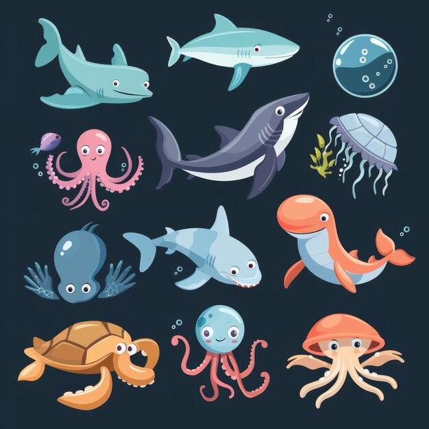 Eine Reihe von Unterwasser-Wildtierlustrationen mit Fischen, Oktopusen, Haien, Schildkröten, Quallen, Krabben und Robben
