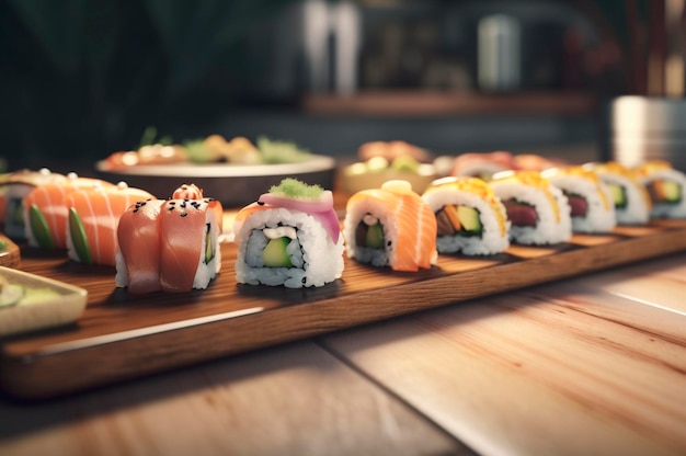 Eine Reihe von verschiedenen Sushi, die auf einem Teller über einem Holztisch angeordnet sind. KI-generiert