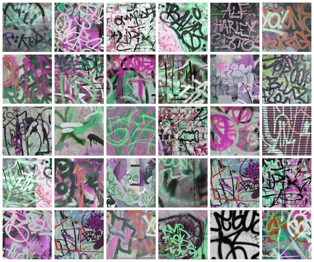 Eine Reihe von vielen kleinen Fragmenten von markierten Wänden Graffiti Vandalismus abstrakte Hintergrundcollage