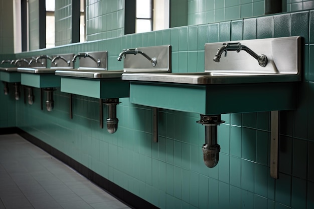 Eine Reihe von Waschbecken in einer öffentlichen Toilette mit Schwerpunkt auf Wasserhähnen