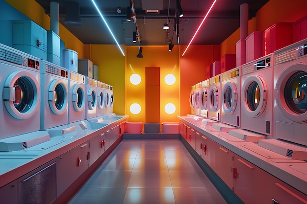 Eine Reihe von Waschmaschinen in einem Raum mit vielen Lichtern an der Decke und eine Reihe von Trocknern im Boden