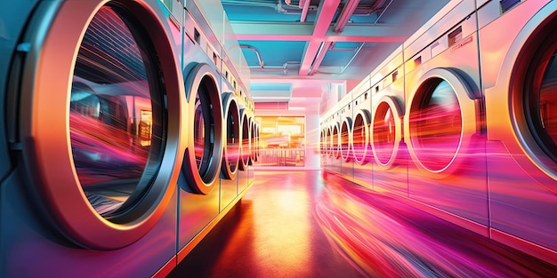 eine Reihe von Waschmaschinen mit einem bunten Hintergrund und einem bunten Himmel