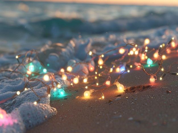 eine Reihe von Weihnachtslichtern an einem Strand