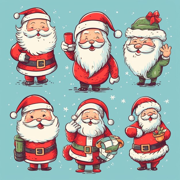 Eine Reihe von Weihnachtsmann-Illustrationen mit Weihnachten und einem Geschenk.