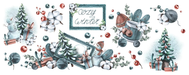 Eine Reihe von Winterkompositionen für das neue Jahr mit gestrickten Dingen, Schneemännern, Pflanzen und dekorativen Elementen. Aquarell-Illustration von Hand gezeichnet
