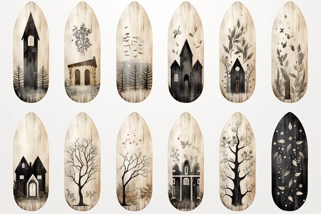 eine Reihe von Zeichnungen eines Snowboards mit der Aufschrift „Winter“ auf der Unterseite