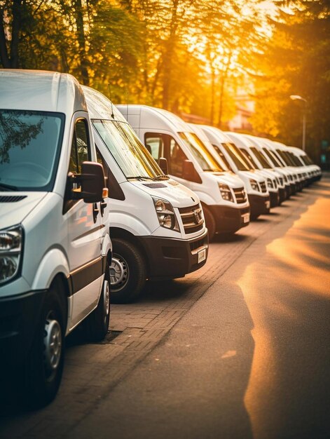 Foto eine reihe weißer transporter, die am straßenrand geparkt sind