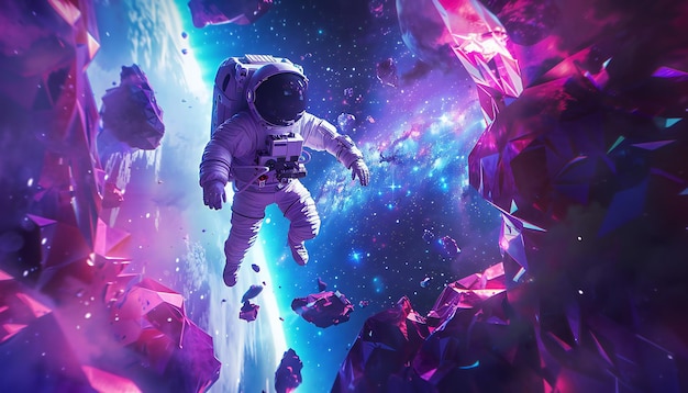 Eine Reise durch das Metaverse Ein Astronaut, der durch digitale Galaxien schwebt