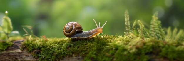 Foto eine reise durch den wald nahaufnahme einer schnecke im wald mit natürlichem hintergrund ai generative