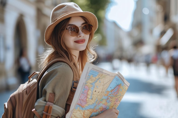 Eine Reisende mit einer Karte, die Europa erkundet