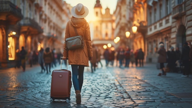 Eine Reisende mit Gepäck, die für Tourismus durch eine europäische Stadt spazieren geht